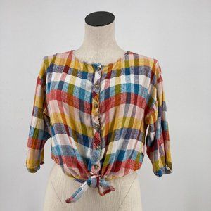 Lucky Brand Top Short Sleeve Tie Front Multicolor Plaid Size Large FLAW